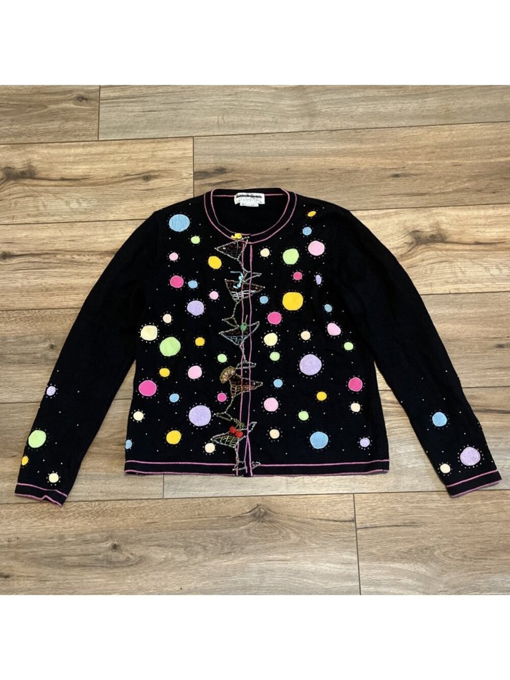 Jack B Quick Polka Dot Cocktail Cardigan Sweater SMALL Martini Beaded y2k Vtg